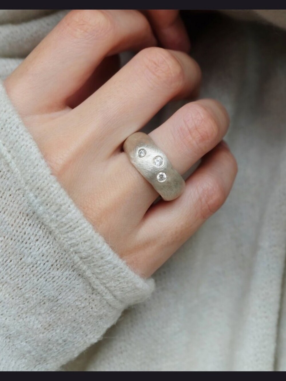 Chunky Textured Sterling Silver Band Ring with Three CZ Accents